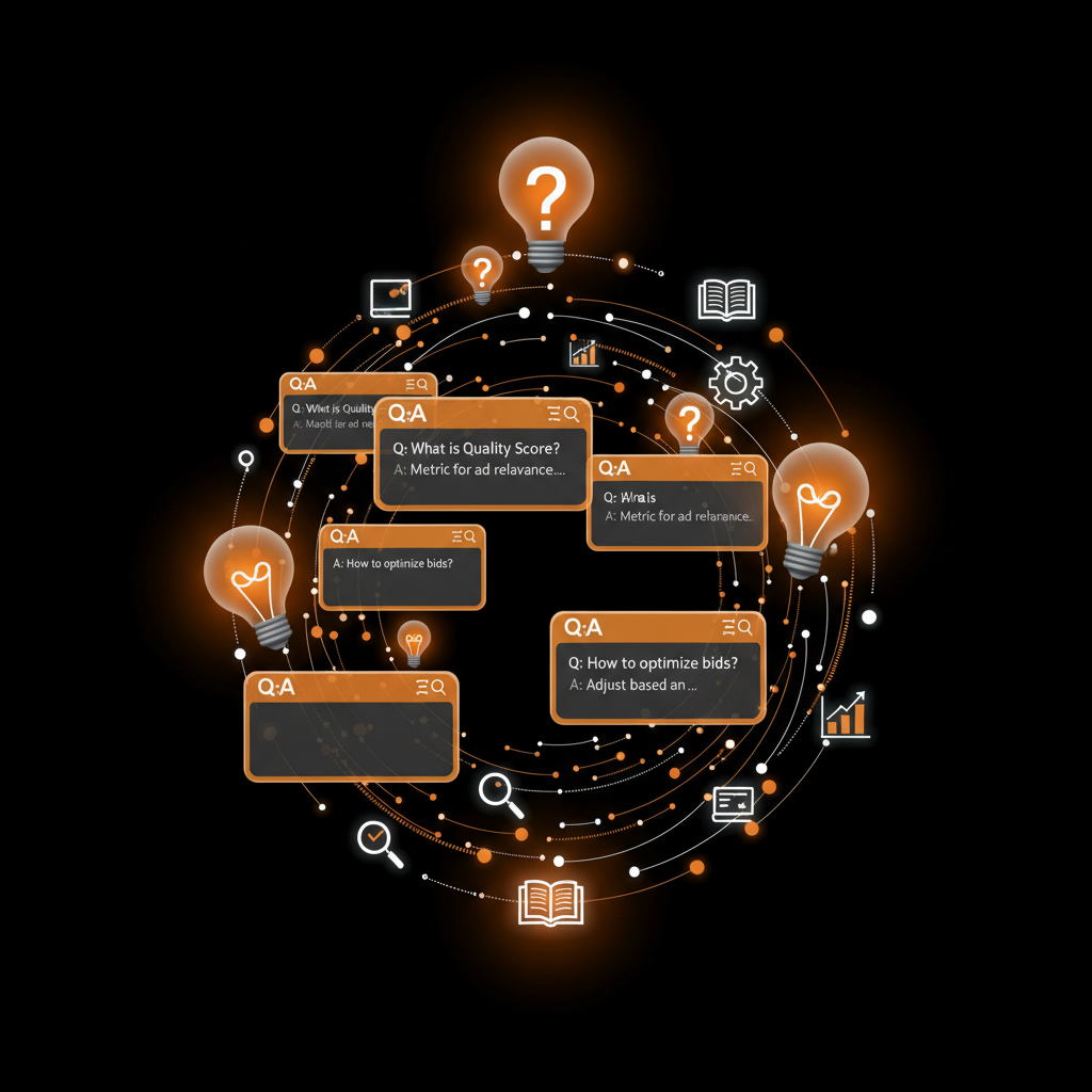Base de conocimiento PPC: preguntas frecuentes sobre publicidad de pago, conceptos de Google Ads y SEM con bombillas de ideas y tarjetas de respuestas
